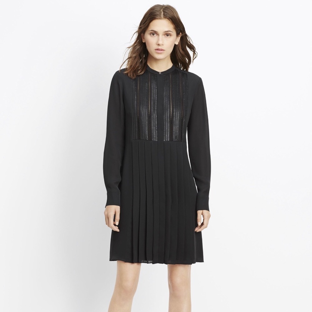Vince 100% silk pleated dress w/ lattice lace bib